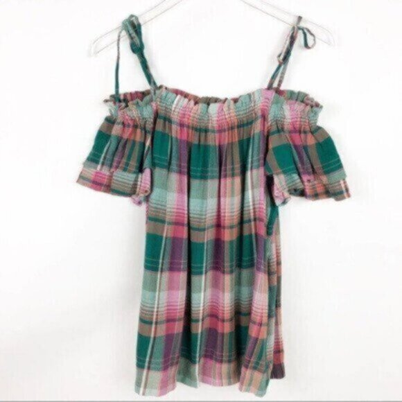 Ann Taylor LOFT | Off Shoulder Green Mauve Plaid Blouse Size Medium - Picture 4 of 8